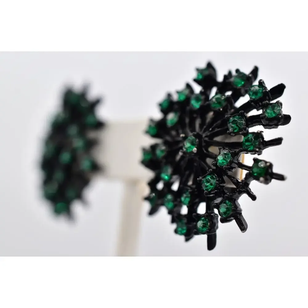 Vintage Crystal Clip On Earrings Starburst Green Rhinestone Black Metal BinBK